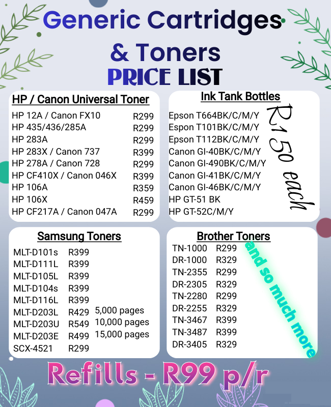 Generic cartridges and toners price list showing HP, Canon, Samsung, Brother and ink tank bottle prices.